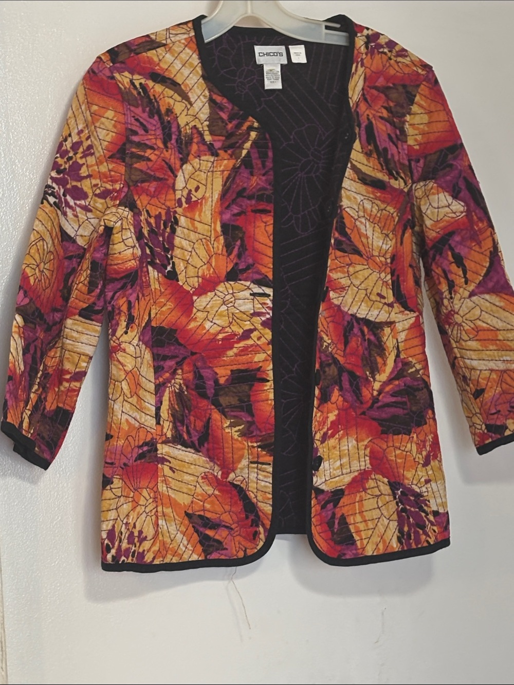 Chico's Quilted Jacket in Orange, Red, Purple and Black
